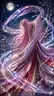 一幅令人惊叹的奇幻动漫插画，描绘了 character name: 一位天界巫女 在雪夜景观中的身影，她以优雅的全身舞姿伫立在波光粼粼的湖畔。她拥有极长的飘逸 hair color: 玫瑰粉色 秀发，从背面和侧面部分可见，发间饰有精致的金色花卉发饰和垂坠链条。她的面部大部分被角度遮挡。她身着灵感源自十二单的华丽多层日本宫廷和服，袖口宽大，层叠的衣襟交织着深红、纯白、紫色、绿色、金色和柔粉色，装饰着花卉锦缎、刺绣花朵、金属饰边和闪烁的图案。她优雅地抬起双臂，仿佛在引导两条巨大的半透明虹彩丝带或魔法绸带，丝带在她身周盘旋成发光的圆环，捕捉着如同肥皂膜极光般的彩虹高光。丝带散发着棱镜般的反射光和细小的火花，将她衬托在天幕之下。背景是覆盖着新雪的月下湖岸，右侧是光秃秃的冬树，左侧水对面有一座传统的小亭子或神社，深靛蓝色的天空中悬挂着明亮的满月，繁星密布，雪花轻盈飘落。湖水倒映着月光和闪烁的微粒。强调电影级光影、空灵氛围、超精细的织物纹理、动态的流动感、魔法闪光效果、优雅的构图以及梦幻般的天界意境。高质感的动漫关键视觉图，竖构图，细节复杂，高光亮眼，无文字，无水印。