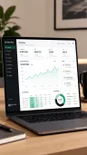 Generate a modern SaaS analytics dashboard on a slim laptop screen. The product is called "MetricFlow". Show revenue charts, user retention cards, alert widgets, and a clean left sidebar. Use white, graphite, and emerald accents. Crisp UI typography, realistic laptop mockup on a tidy desk, soft studio lighting, professional product photography.